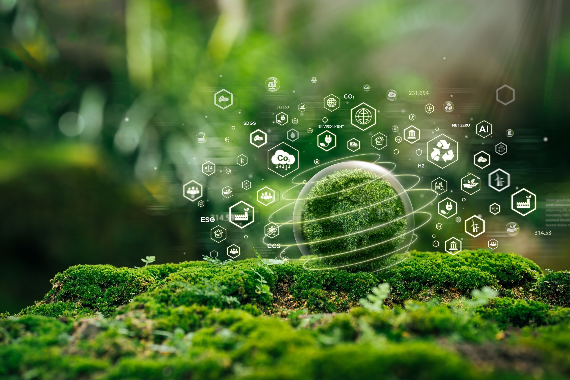 Green globe resting on moss in a lush forest — symbolizing eco-friendly and sustainable travel.
