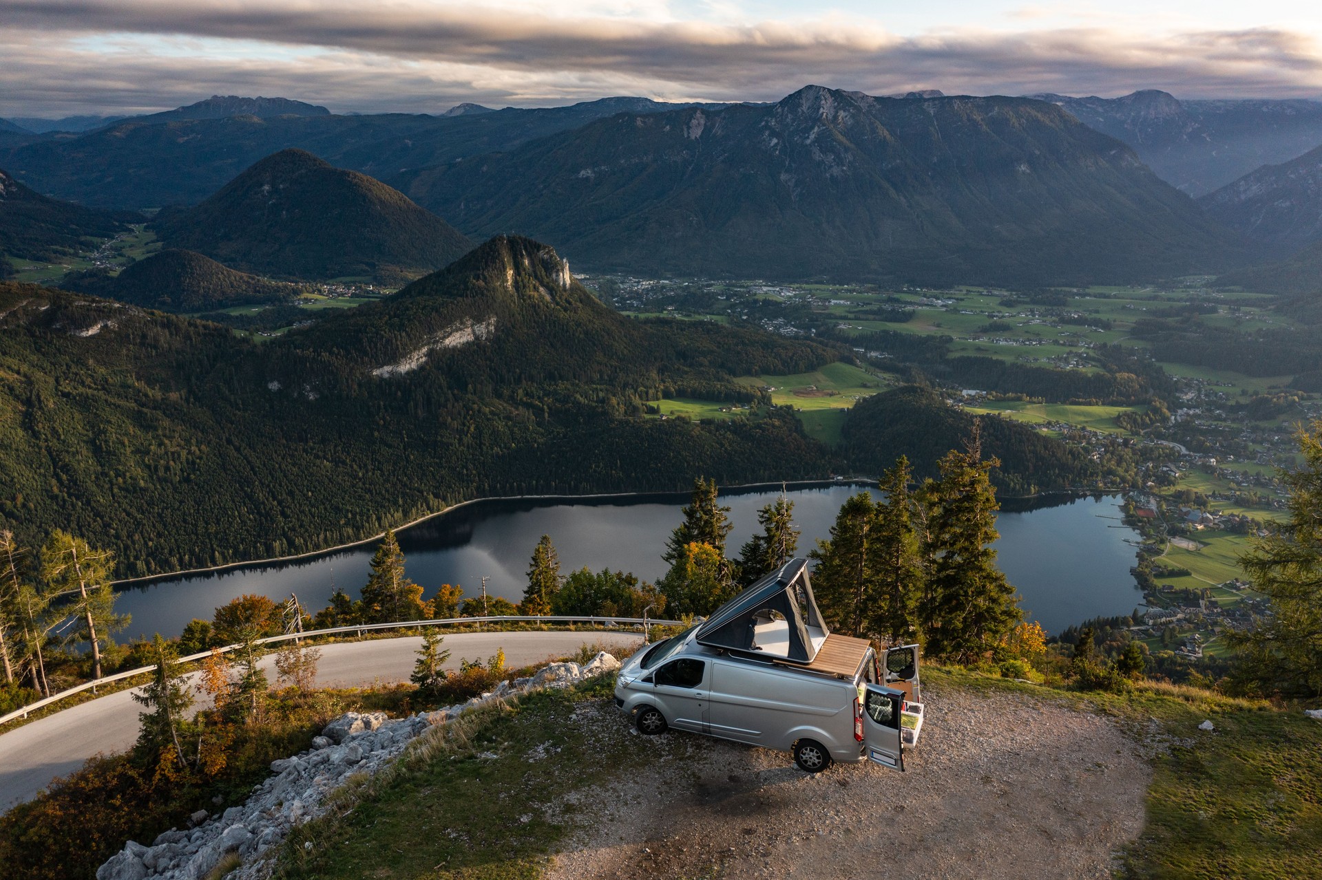Aerial View Camper Van Alone Near Mountain Road